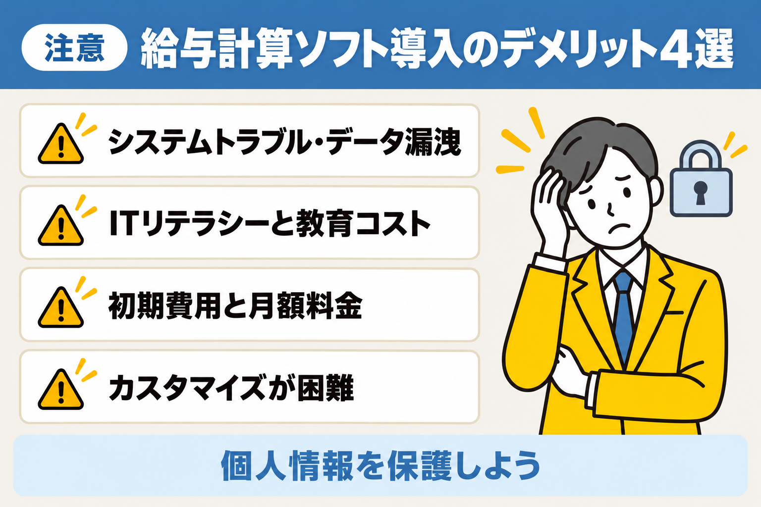 給与計算ソフト導入の4つのデメリットと個人情報の保護の大切さを説明する図解