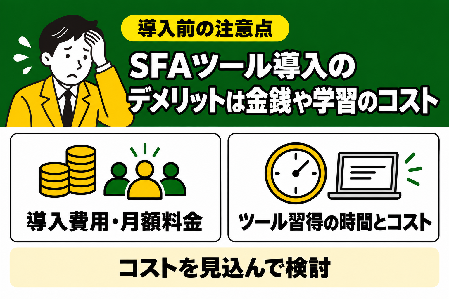 SFAツール導入のデメリットが金銭や学習のコストであることを説明する図解