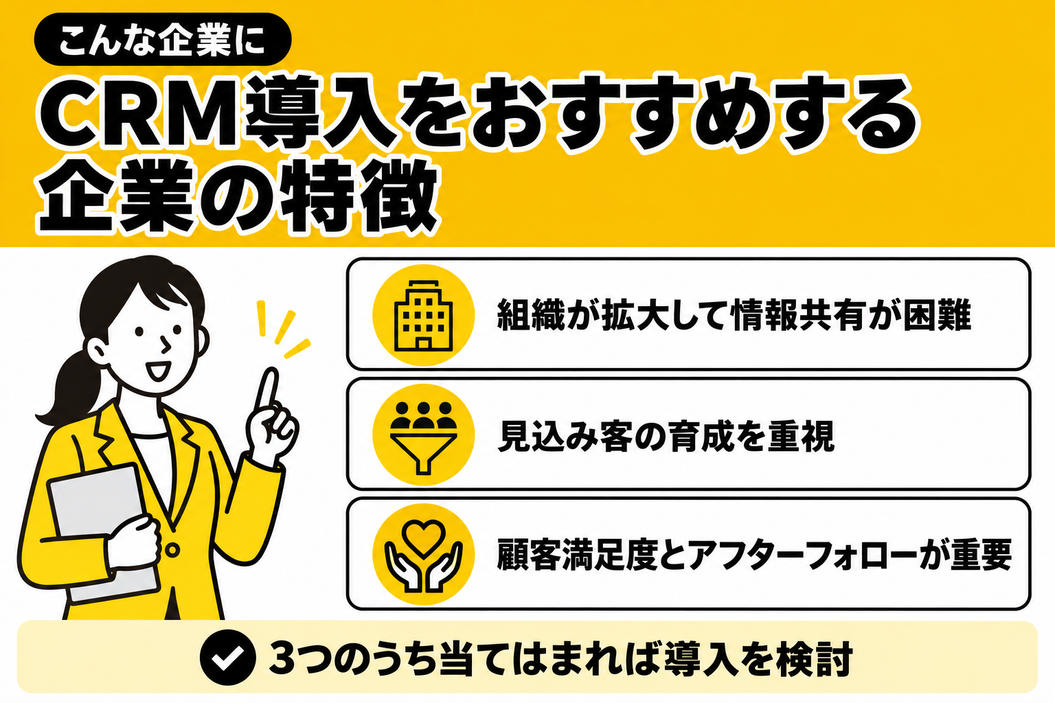 CRMツールの導入をおすすめする企業の特徴を紹介する図解