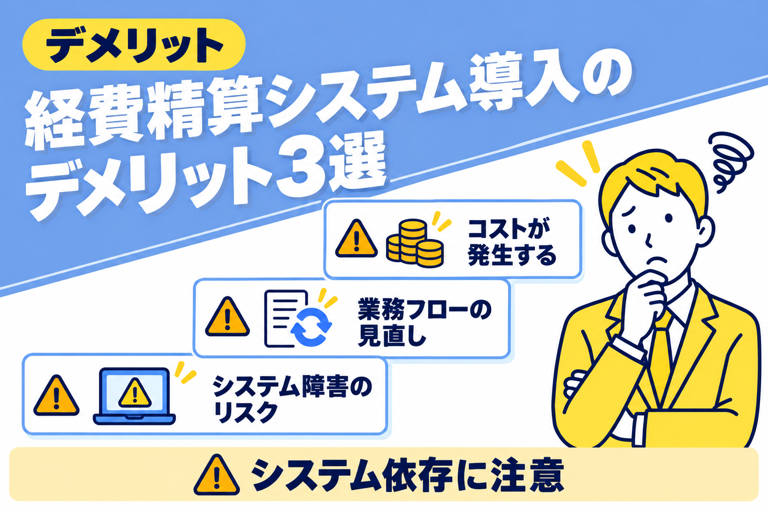 経費精算システム導入の3つのデメリットとシステム依存への注意点を説明する図解