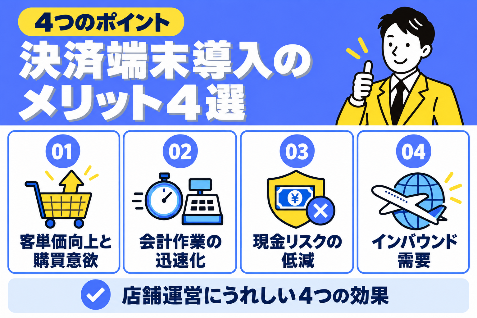 キャッシュレス決済端末を導入する4つのメリットを説明する図解