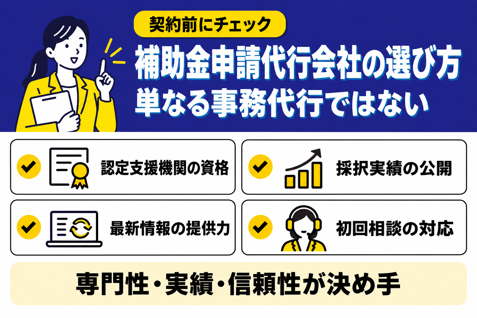 補助金申請代行会社は単なる事務代行ではなく、選び方が重要であることを説明する図解