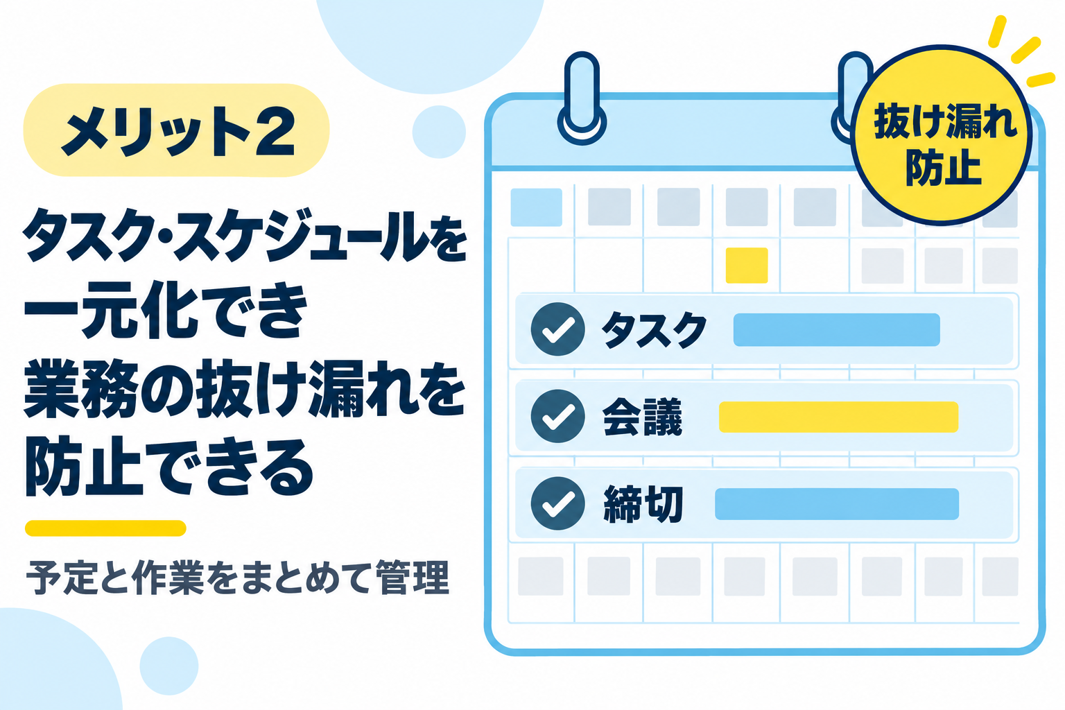 タスクとスケジュールを一元化して業務の抜け漏れを防げるメリットを説明する図解