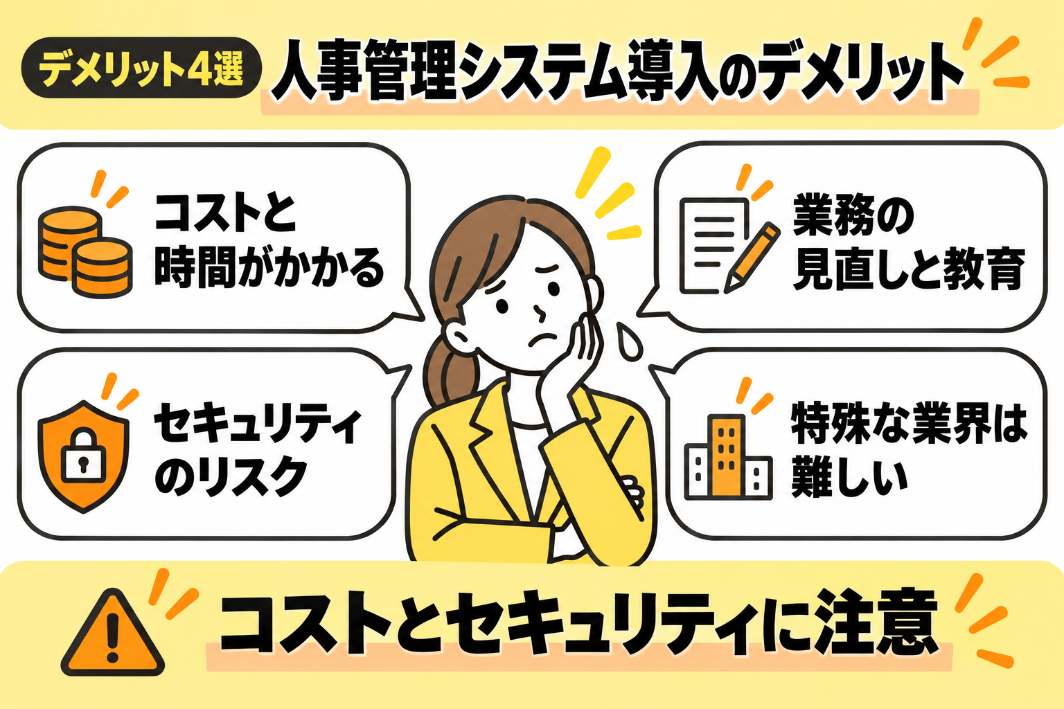 人事管理システム導入の4つのデメリットとコスト・セキュリティへの注意点を説明する図解