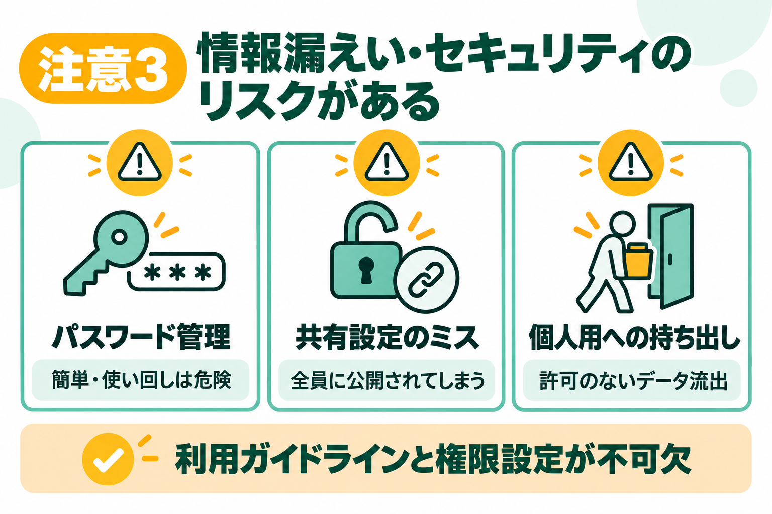 情報漏えいやセキュリティのリスクがあるデメリットを説明する図解