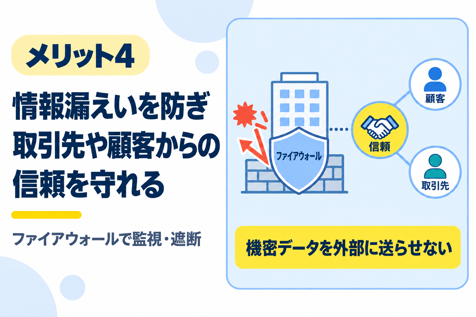 情報漏えいを防いで取引先や顧客からの信頼を守れるメリットを説明する図解